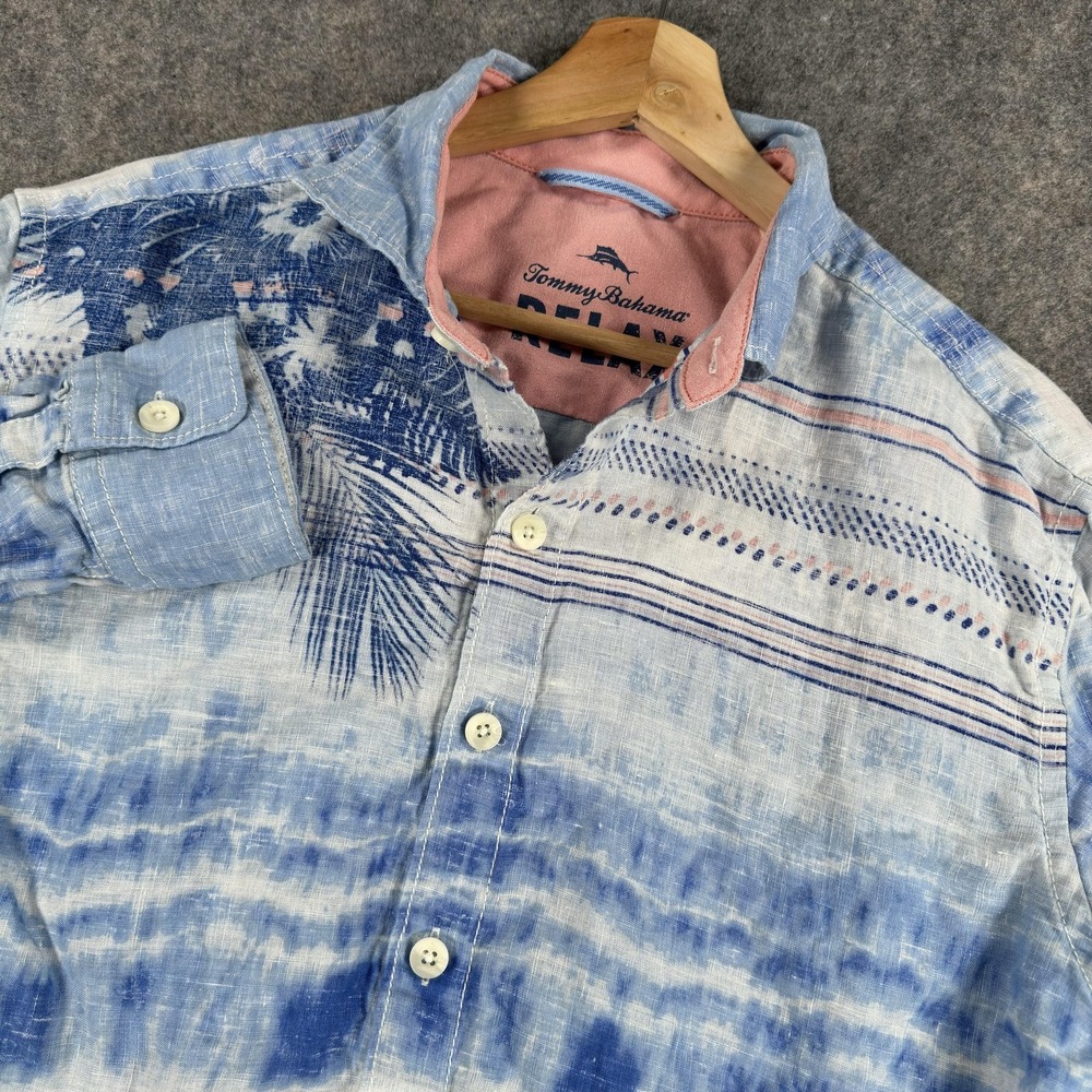 Tommy Bahama Relax Shirt Mens Medium Blue Linen Palm Tropical Stripe Long Sleeve